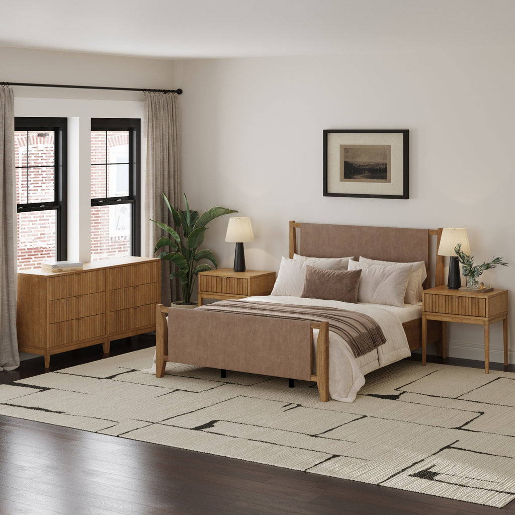 Faux Leather Queen Bedroom Set with 2 Fluted Dresser & 2 Nightstand