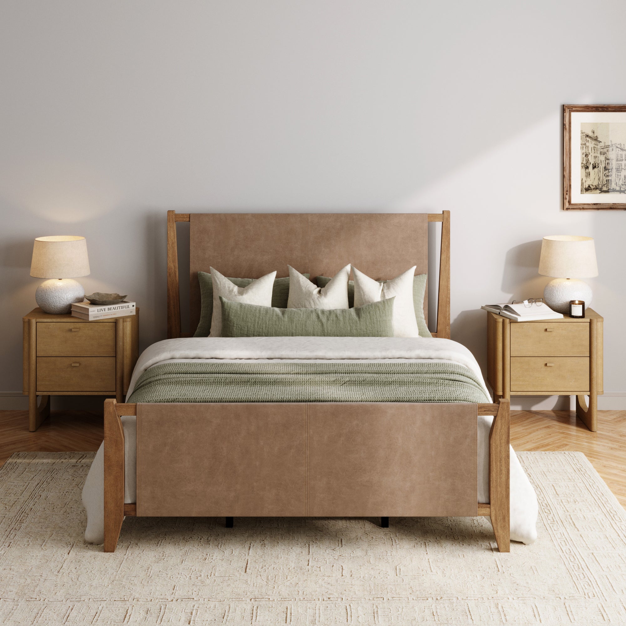 Faux Leather Queen Bedroom Set with 2 Nightstand