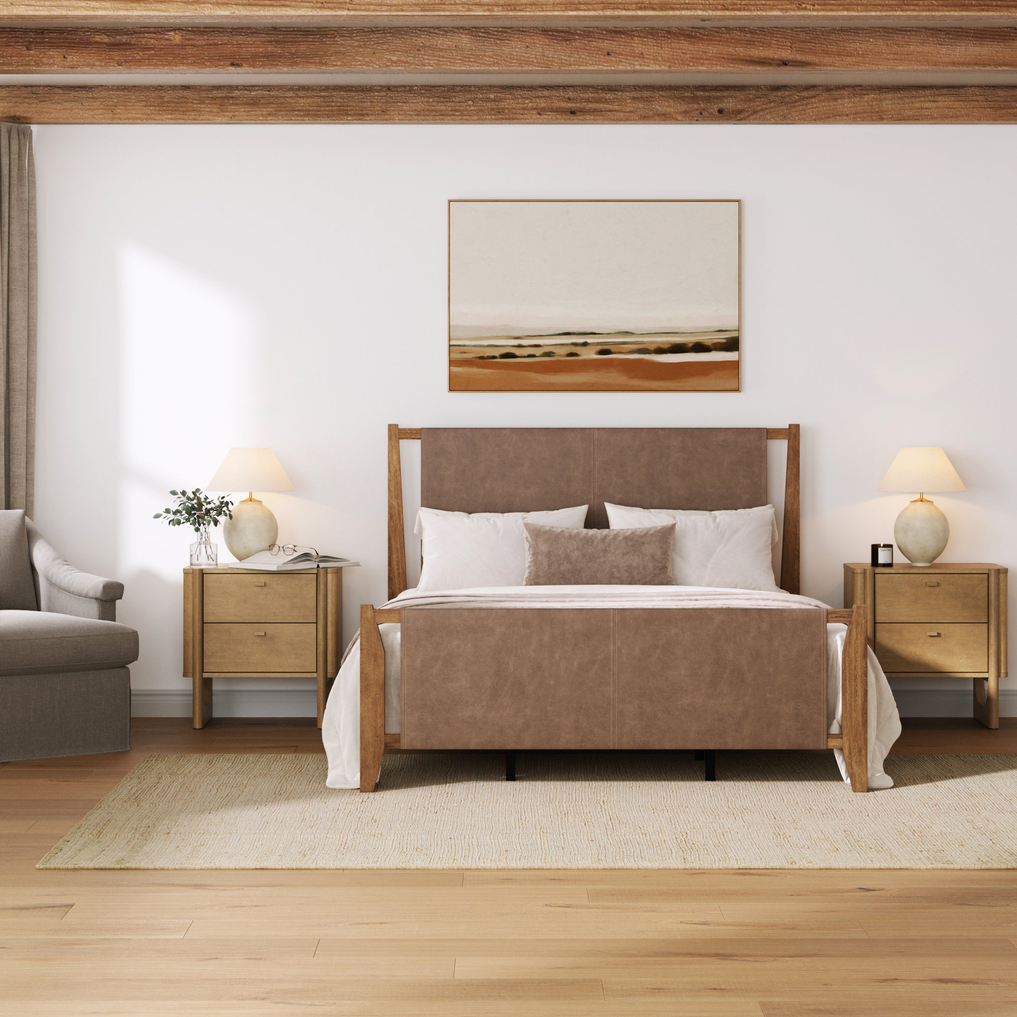 Faux Leather Queen Bedroom Set with 2 Nightstand