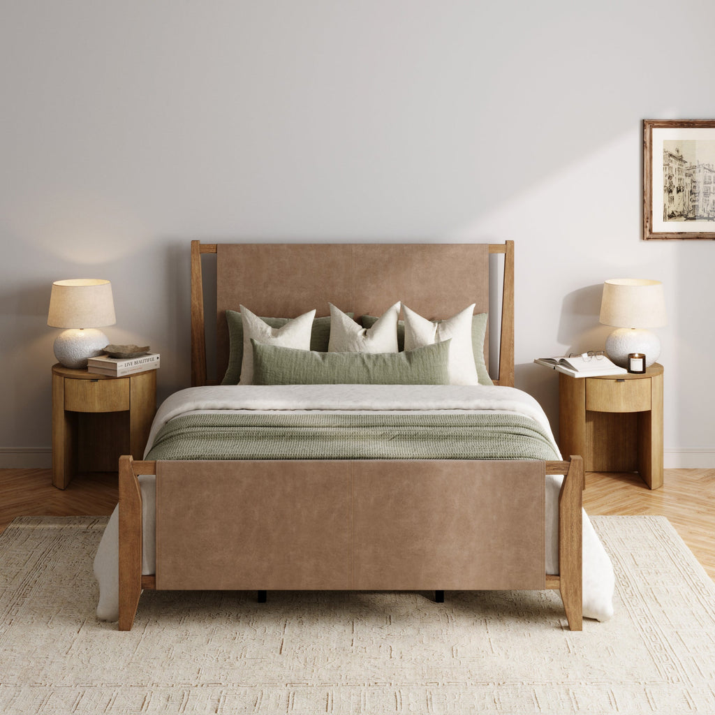 Faux Leather Queen Bed Frame with 2 Curved Nightstand with Drawer Set