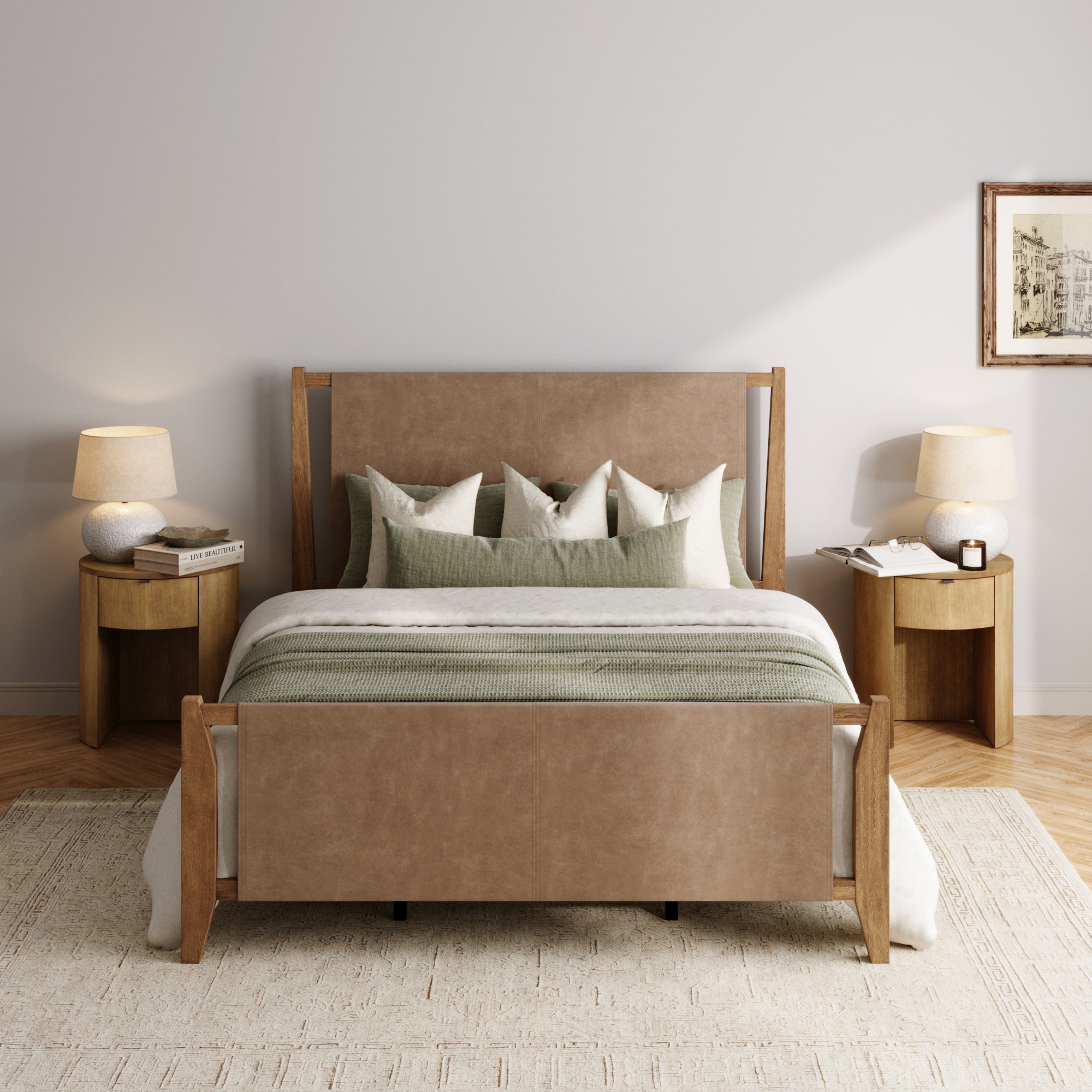 Faux Leather Queen Bed Frame with 2 Curved Nightstand with Drawer Set