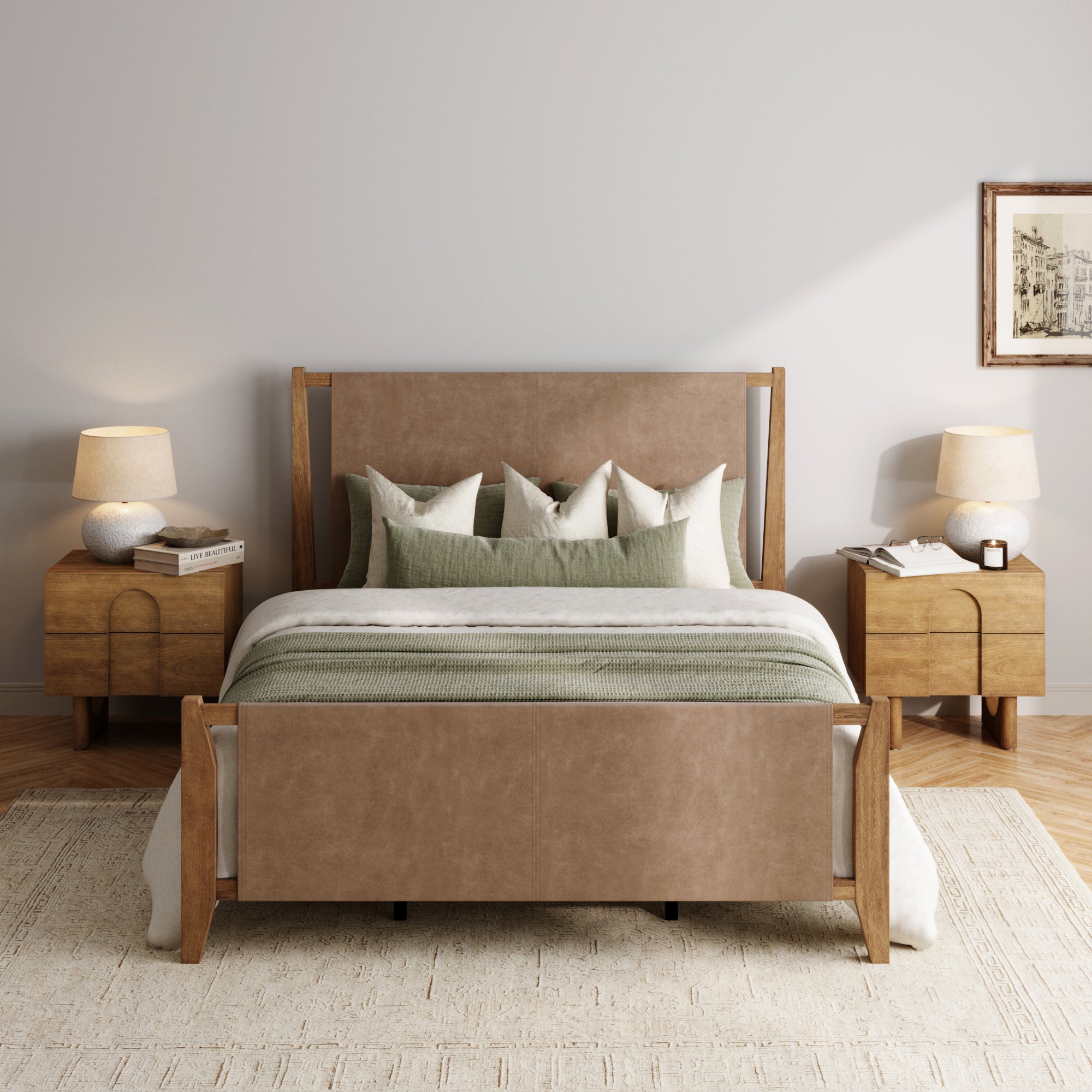 Faux Leather Queen Bed Frame with 2 Arched Nightstand Set