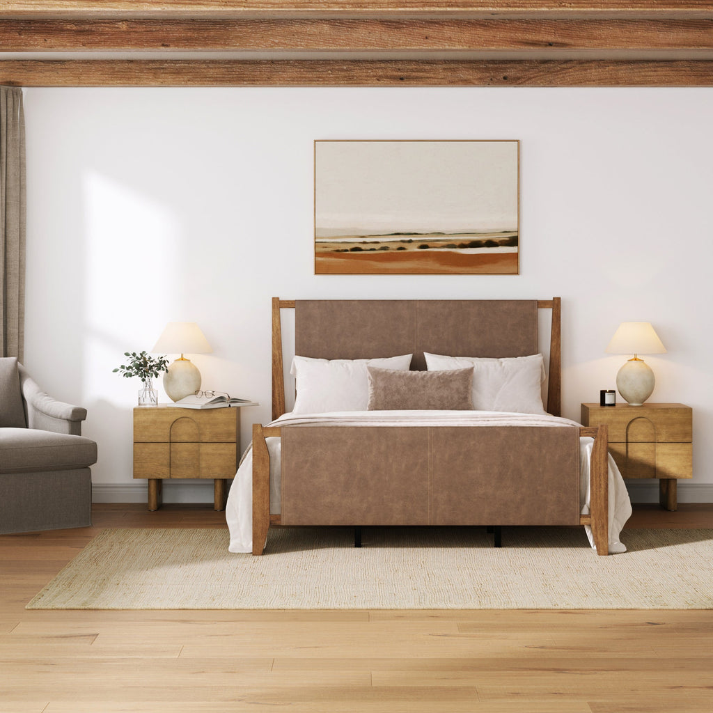 Faux Leather Queen Bed Frame with 2 Arched Nightstand Set