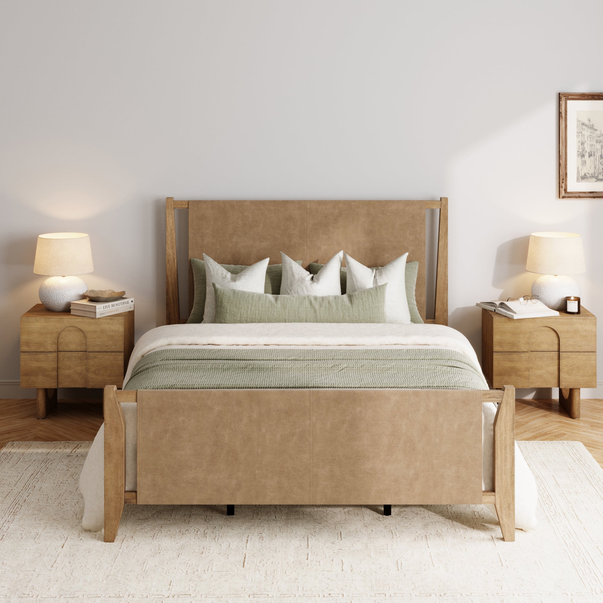 Size Bed Frame Wood & Faux Leather with Headboard