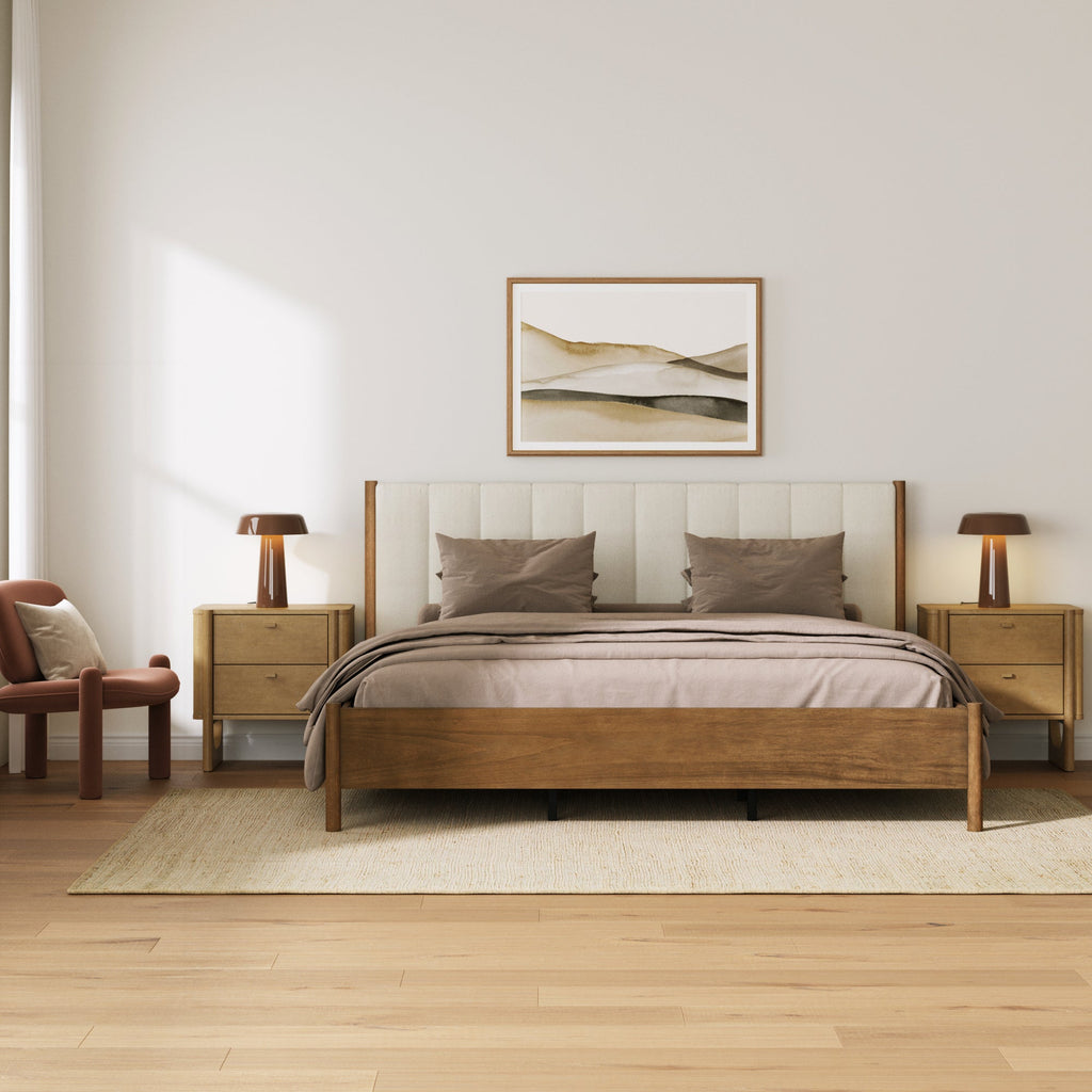Mid Century Modern King Bed Frame and 2-Drawer Nightstand Set