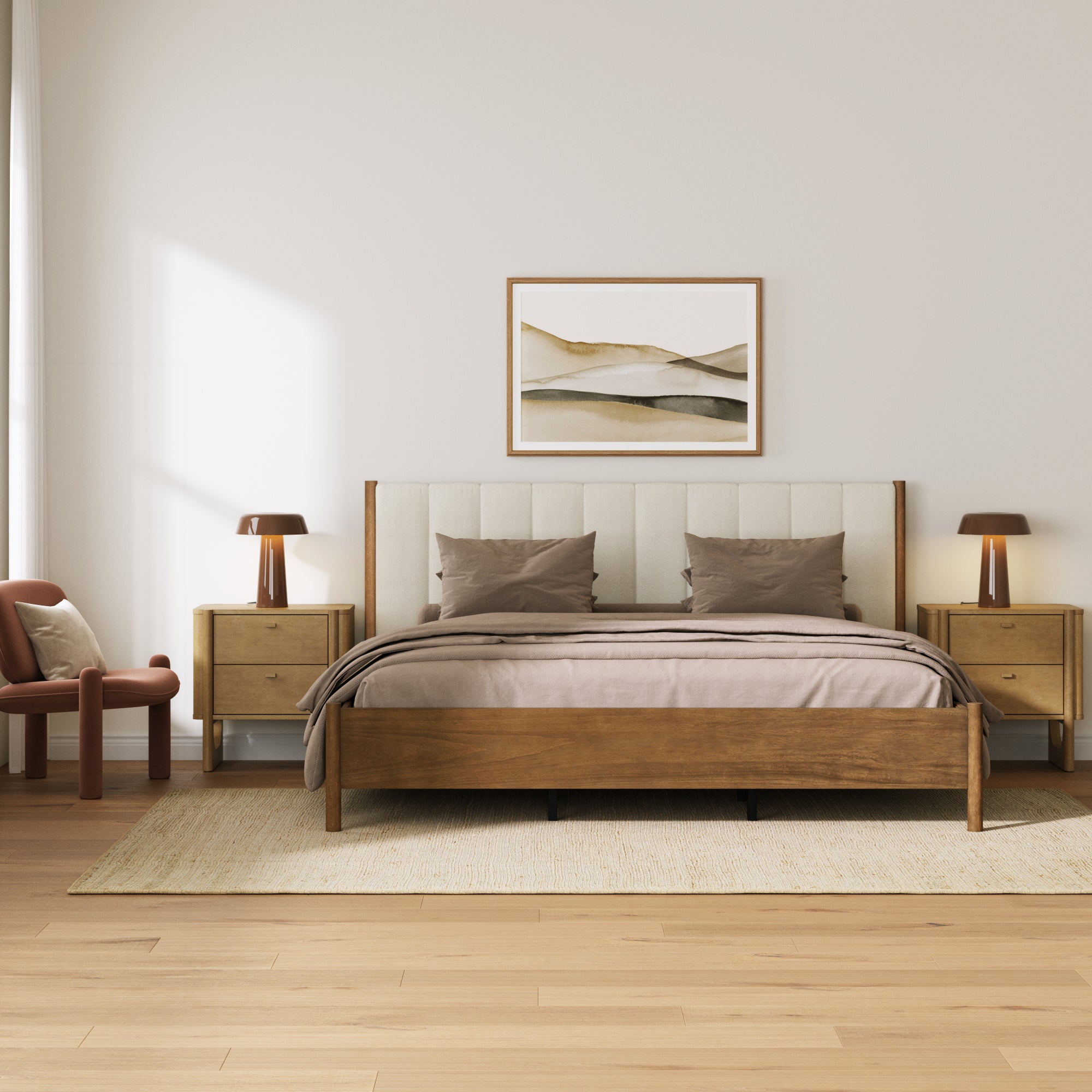 Mid Century Modern King Bed Frame and 2-Drawer Nightstand Set