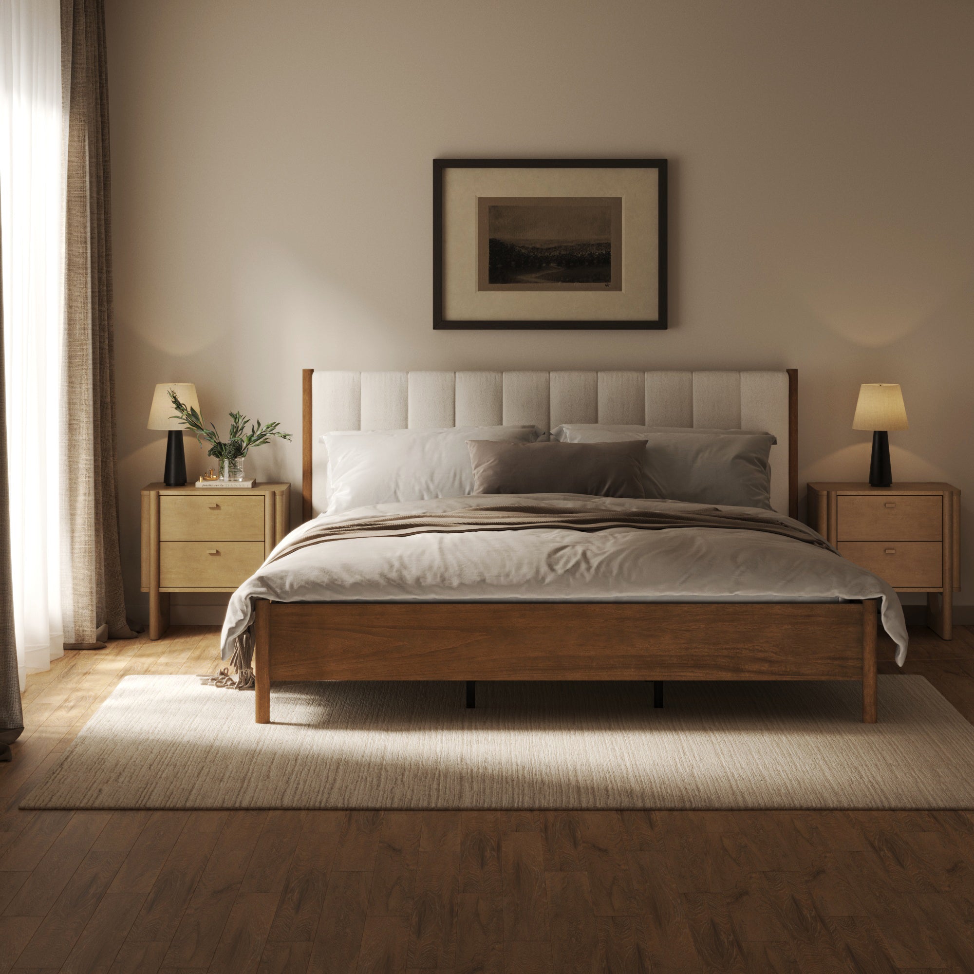 Mid Century Modern King Bed Frame and 2-Drawer Nightstand Set