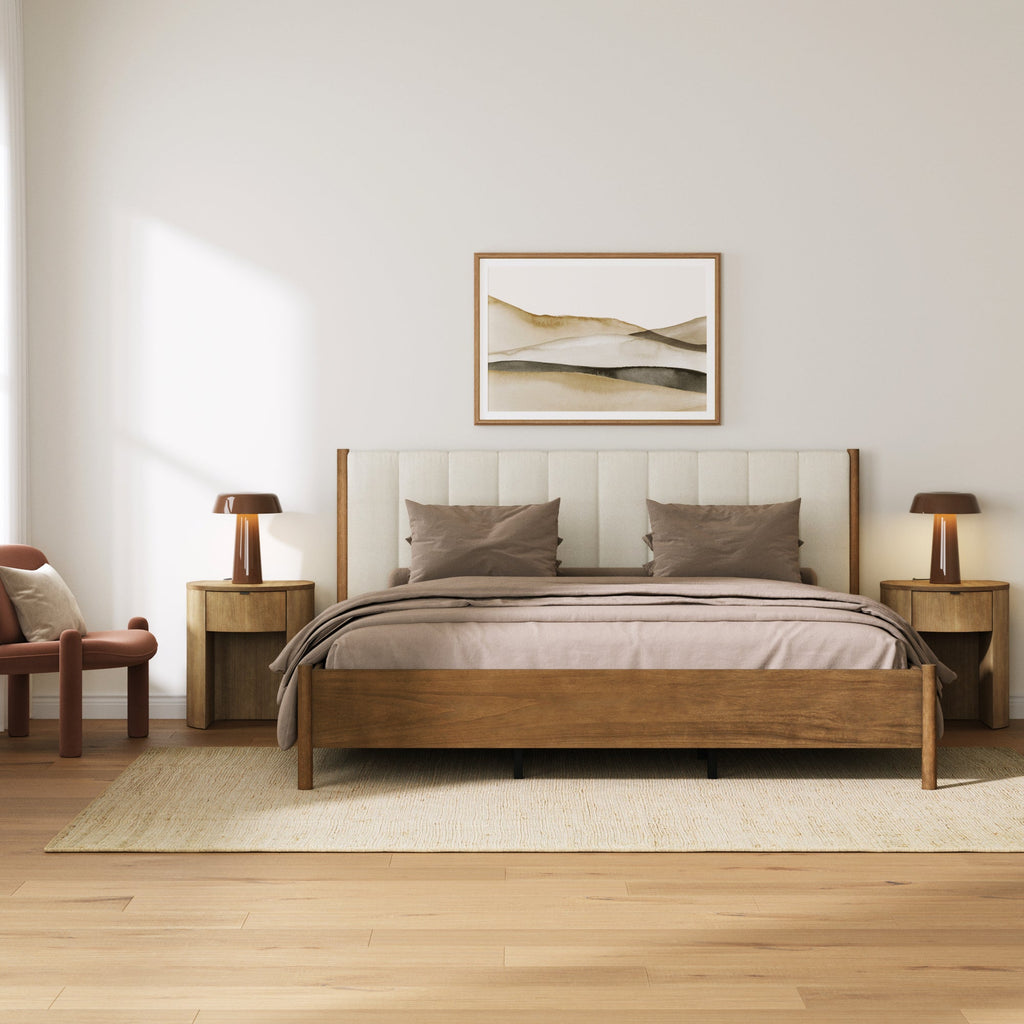 Modern King Bed Frame and 2 Curved Nightstand Set