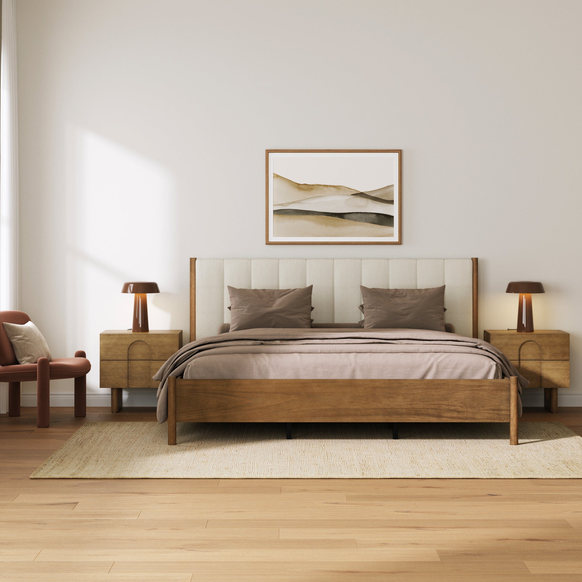 Mid Century Modern King Bed Frame and Arched Nightstand Set