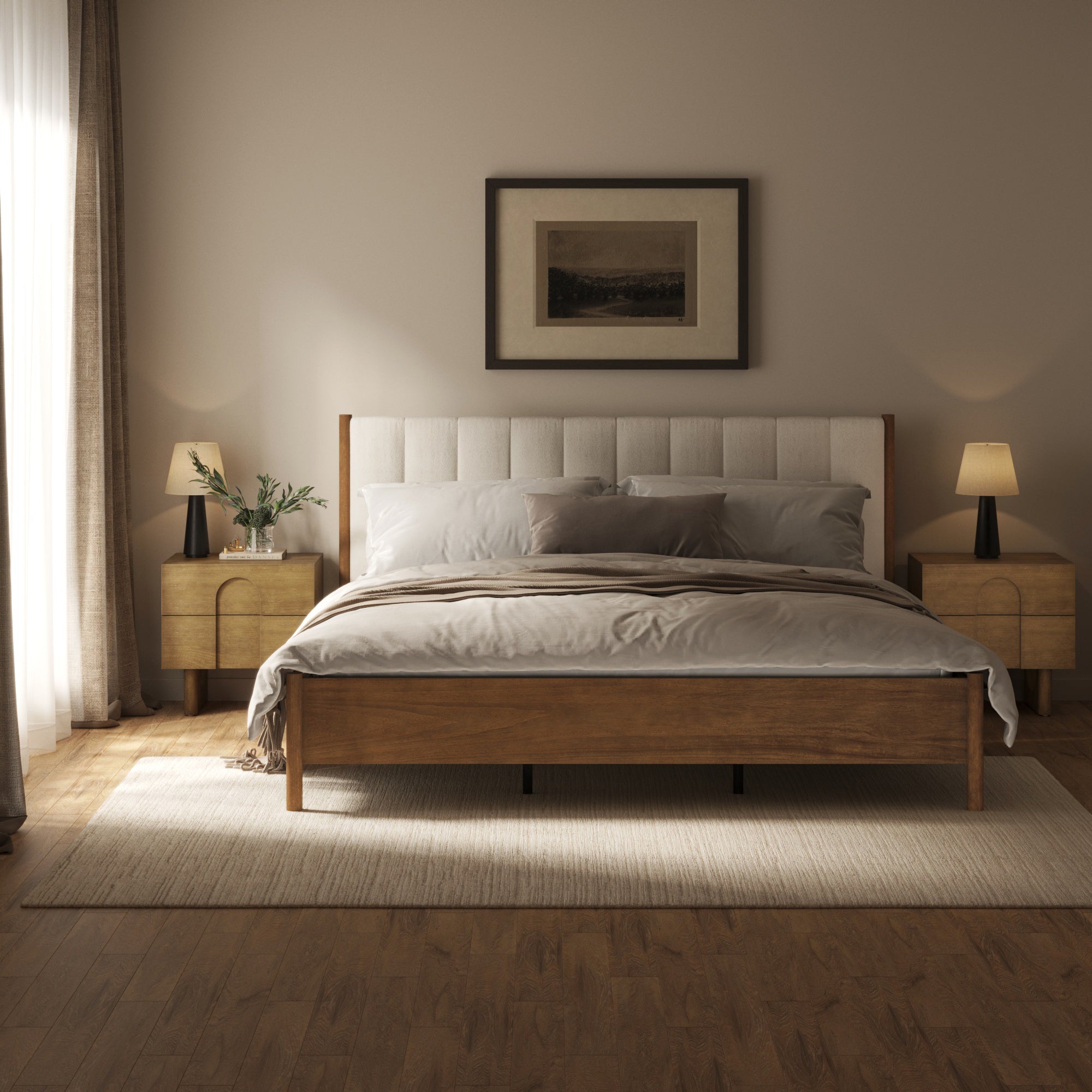 Mid Century Modern King Bed Frame and Arched Nightstand Set