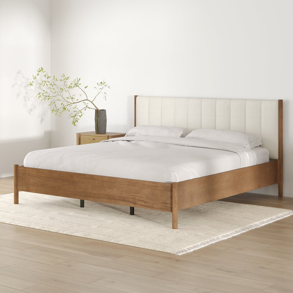 Mid-Century King Upholstered Bed Frame with Boucle Headboard