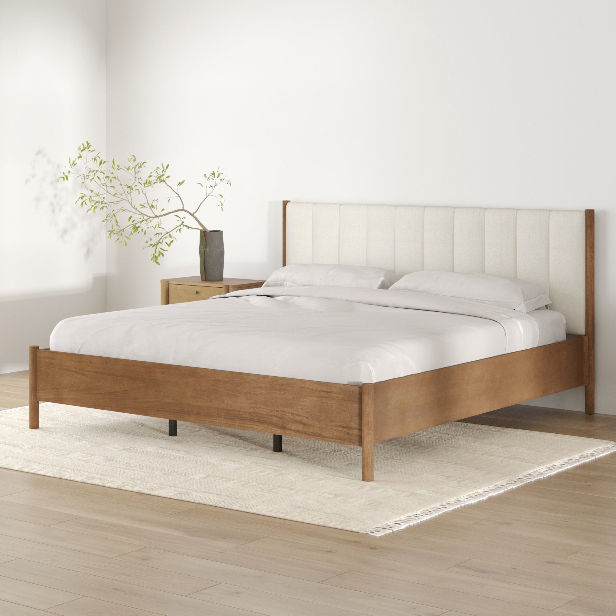 Mid-Century King Upholstered Bed Frame with Boucle Headboard
