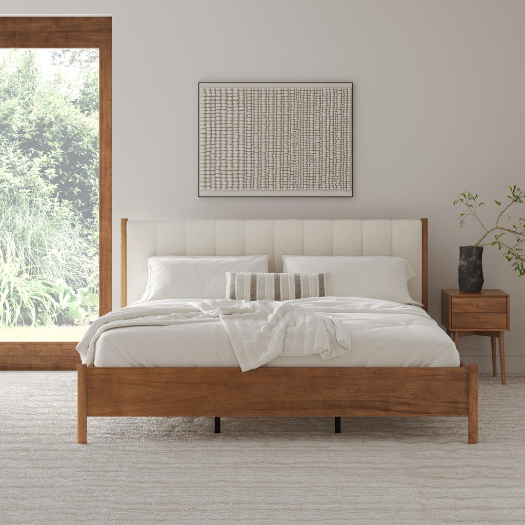 Mid-Century King Upholstered Bed Frame with Boucle Headboard