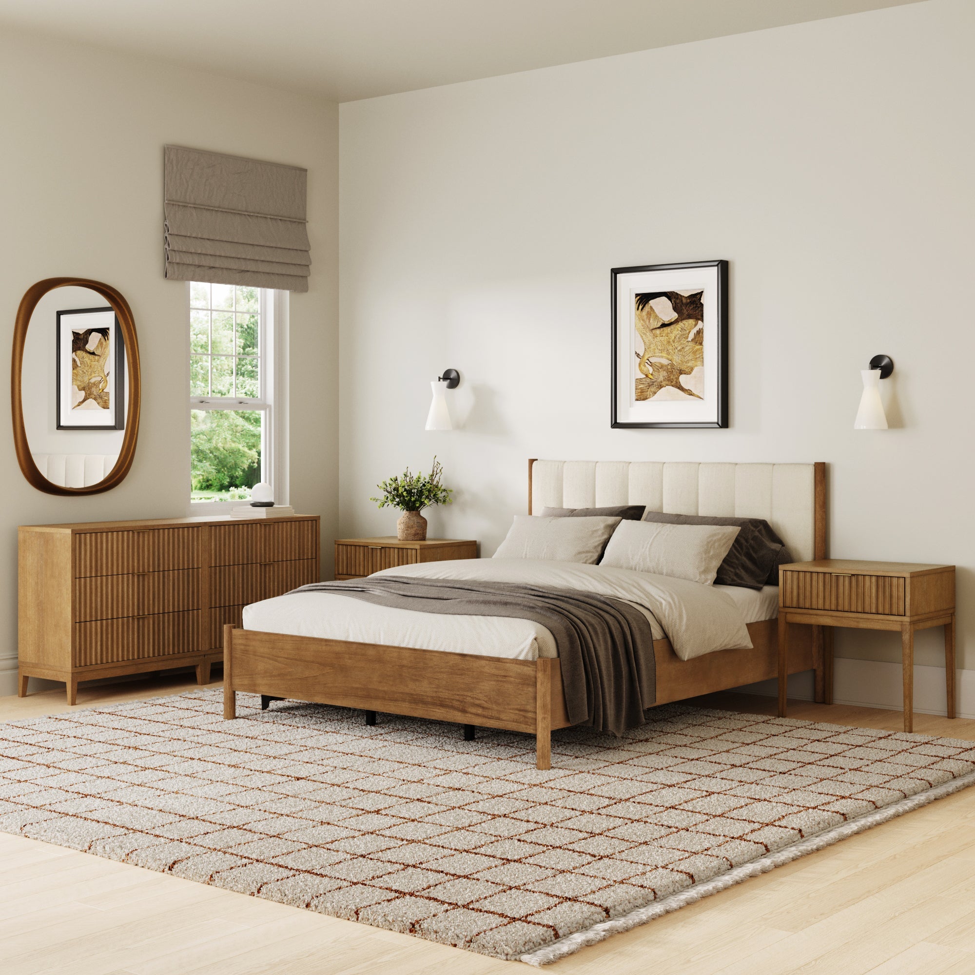 Modern Queen Bedroom Set with 2 Fluted Dresser and 2 Nightstand