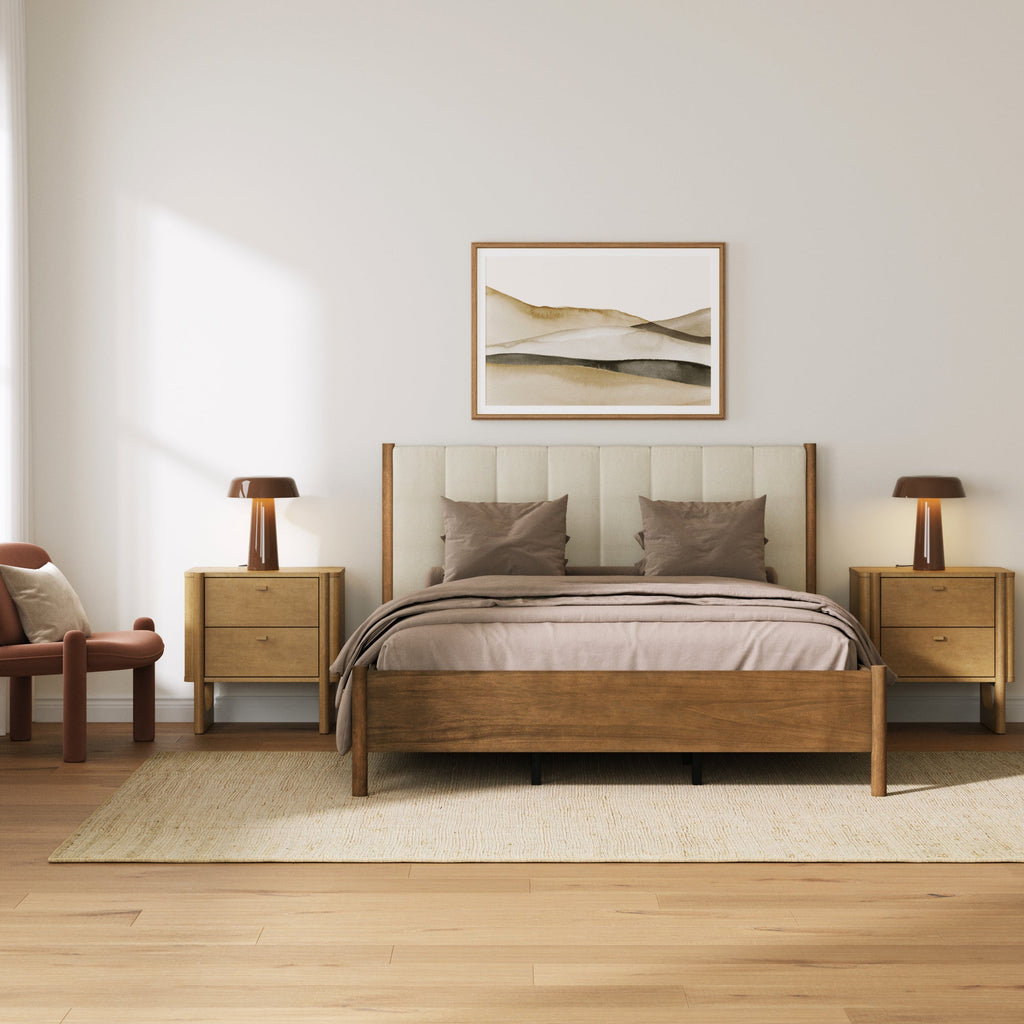 Mid Century Modern Queen Bed Frame and 2 Nightstand Set