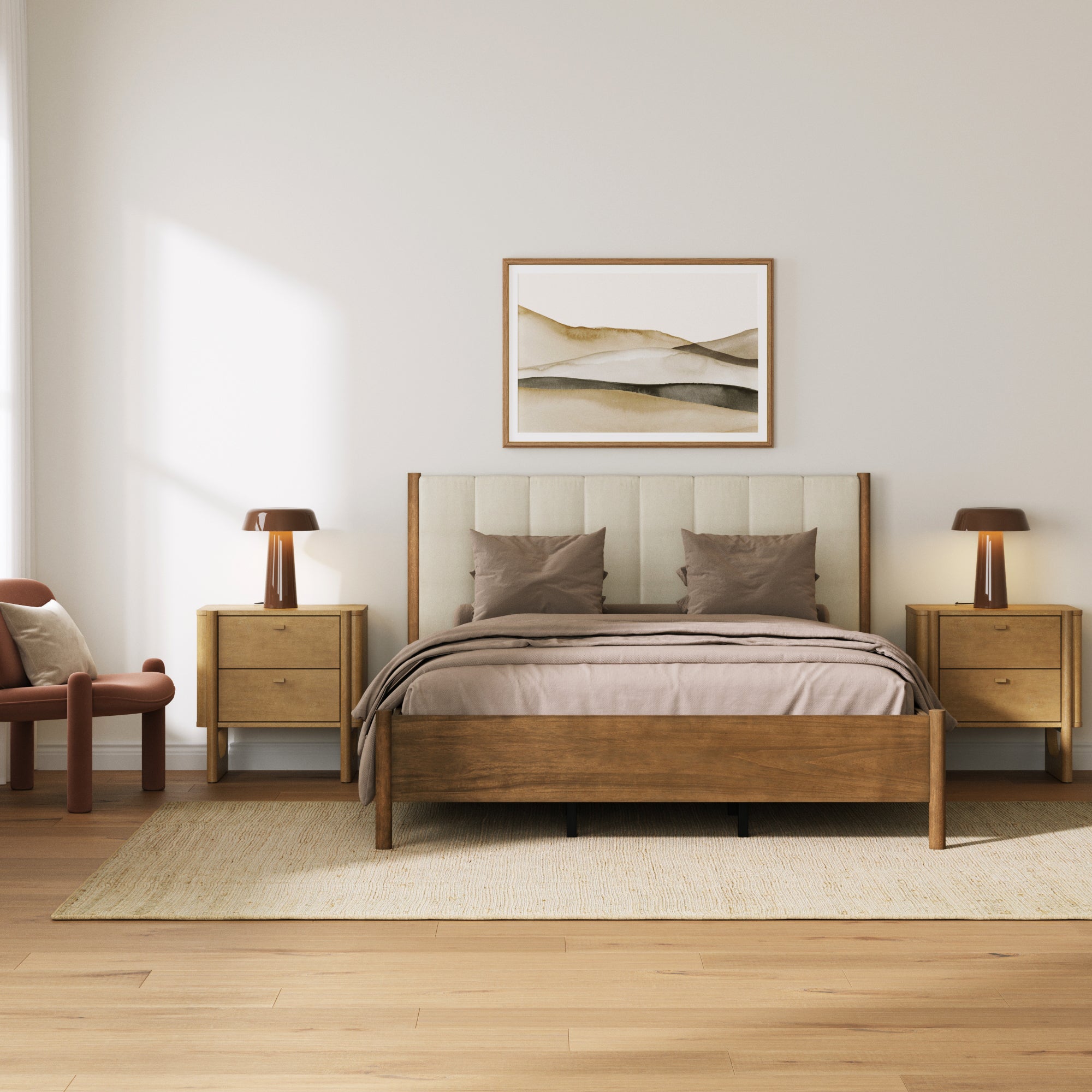 Mid Century Modern Queen Bed Frame and 2 Nightstand Set
