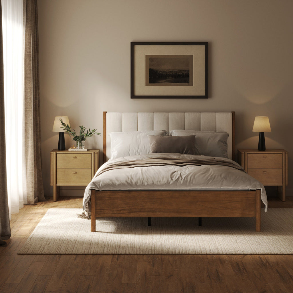 Mid Century Modern Queen Bed Frame and 2 Nightstand Set