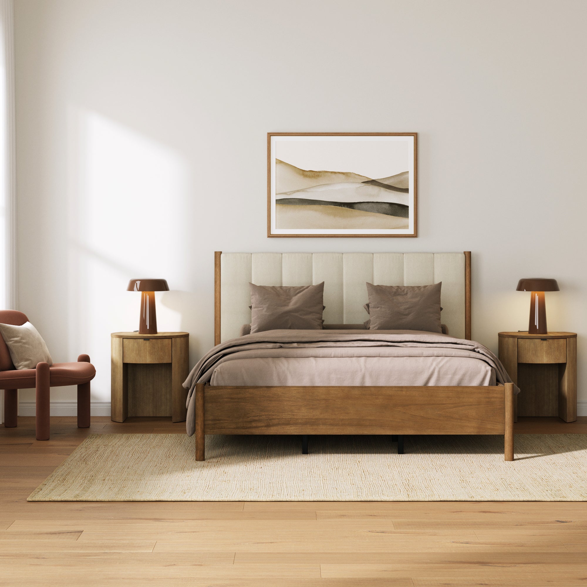 Modern Queen Bed Frame and 2 Curved Nightstand Set
