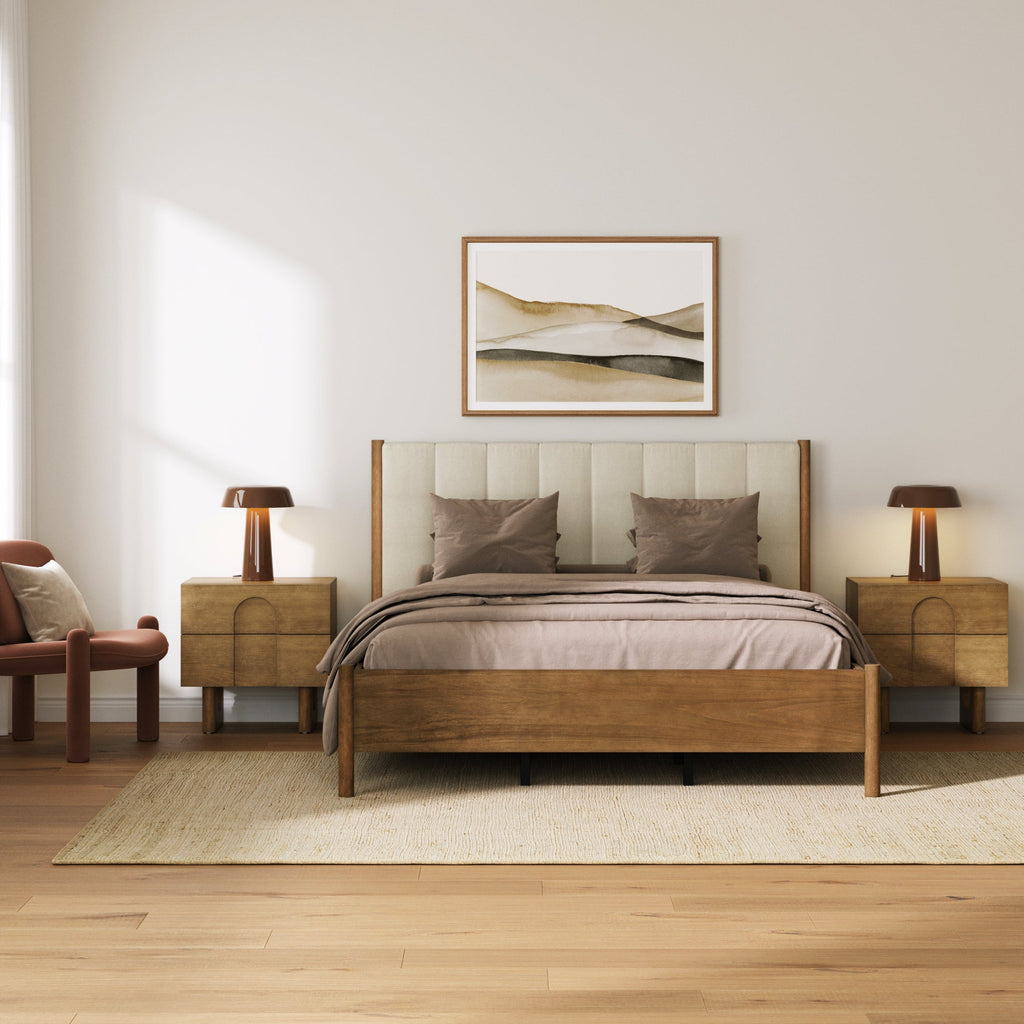 Mid Century Modern Queen Bed Frame and Arched Nightstand Set