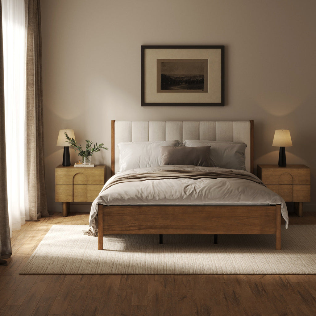 Mid Century Modern Queen Bed Frame and Arched Nightstand Set