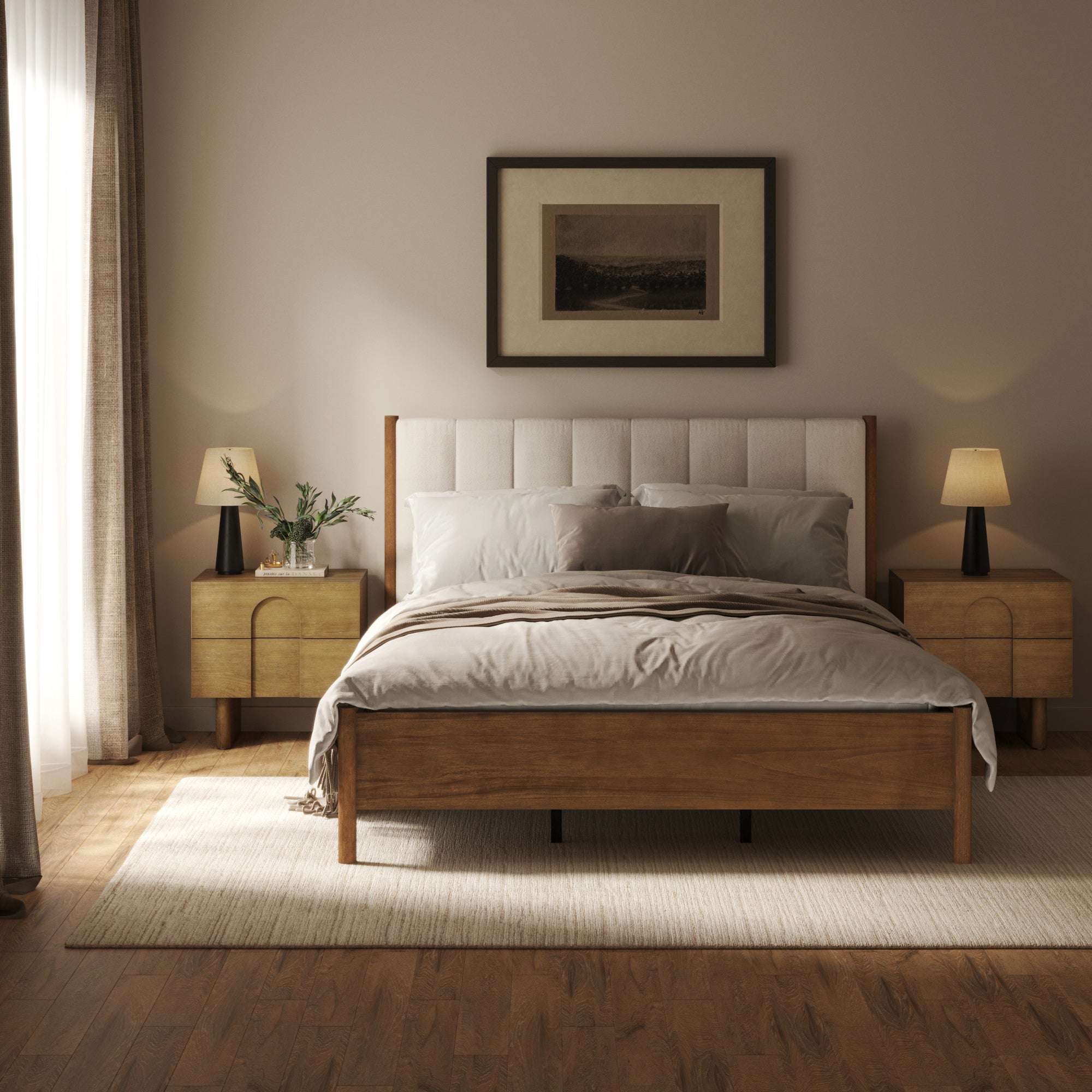 Mid Century Modern Queen Bed Frame and Arched Nightstand Set