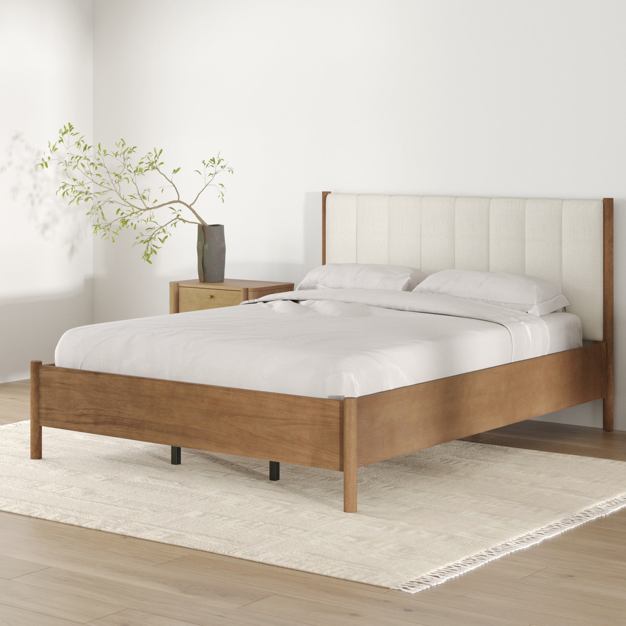 Mid-Century Queen Upholstered Bed Frame with Boucle Headboard