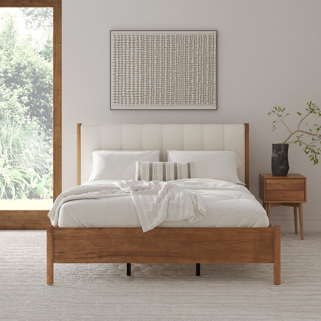 Mid-Century Queen Upholstered Bed Frame with Boucle Headboard