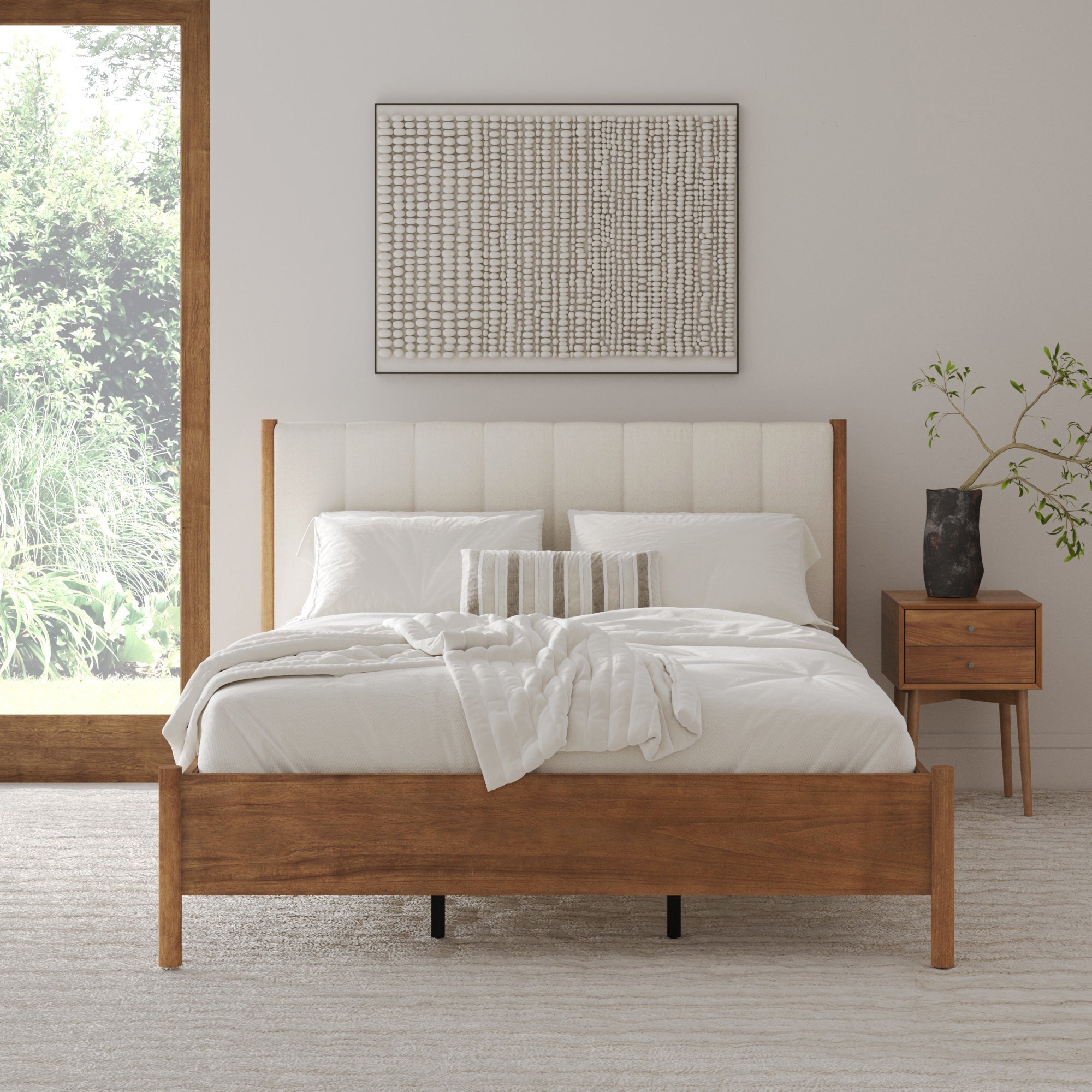 Mid-Century Queen Upholstered Bed Frame with Boucle Headboard
