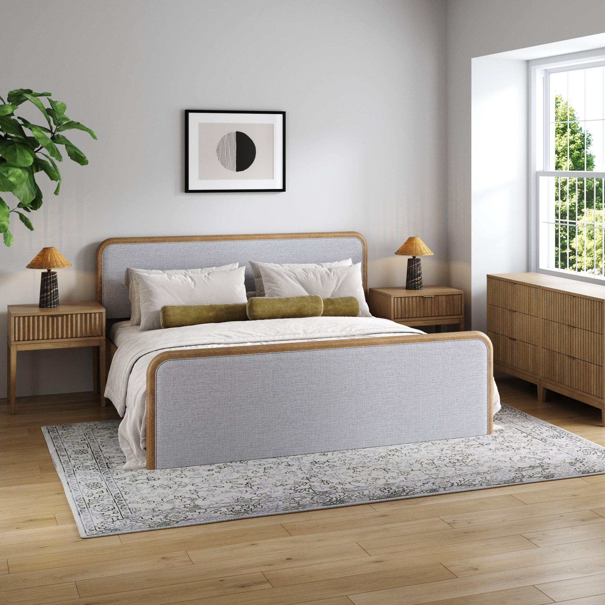Fluted King Bed Frame with 2 Solid Wood Dresser and 2 Nightstand Set