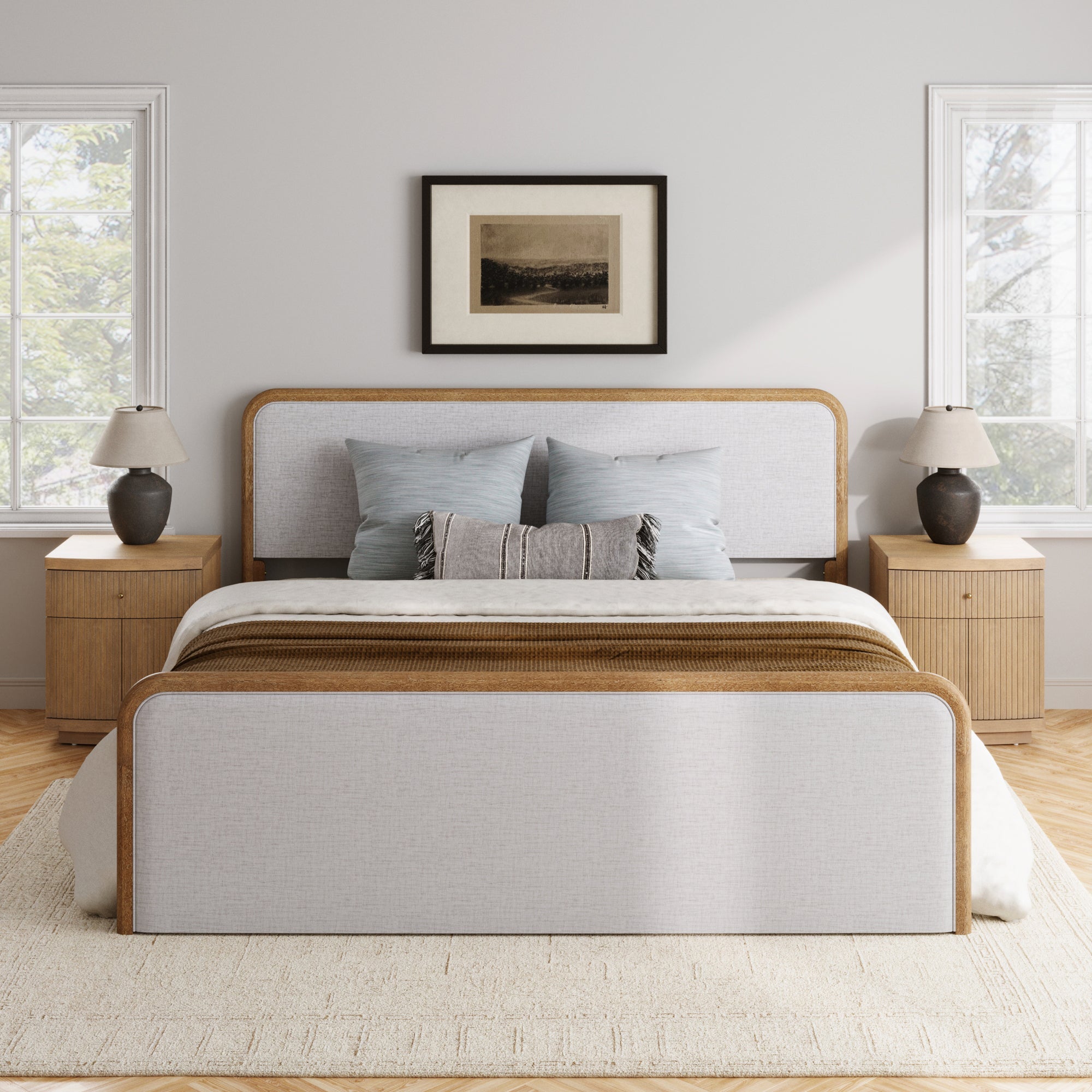 Mid Century Modern Bedroom Set with King Bed Frame and 2 Fluted Nightstand