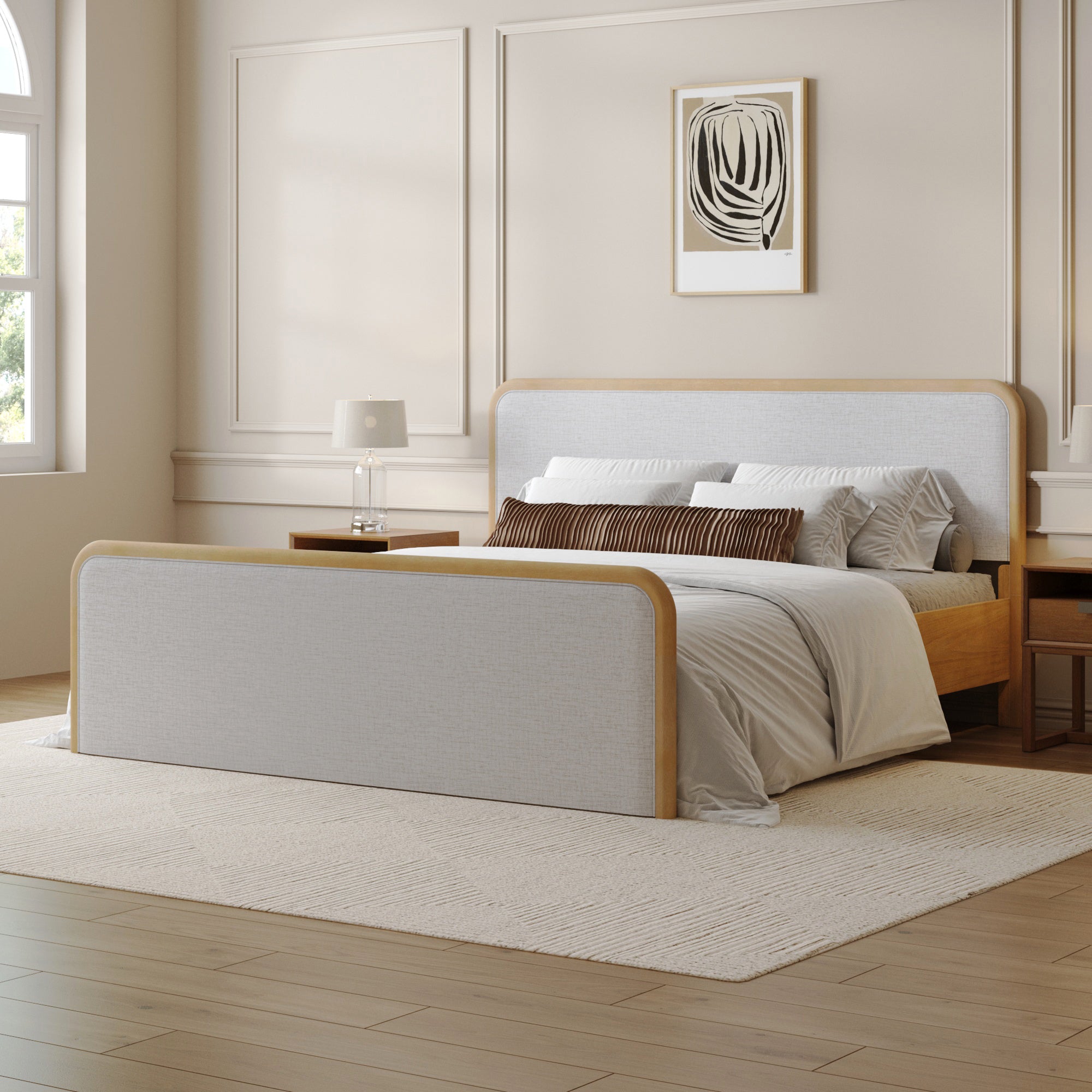 Rounded Solid Wood Bed Frame in Feather Gray Upholstery