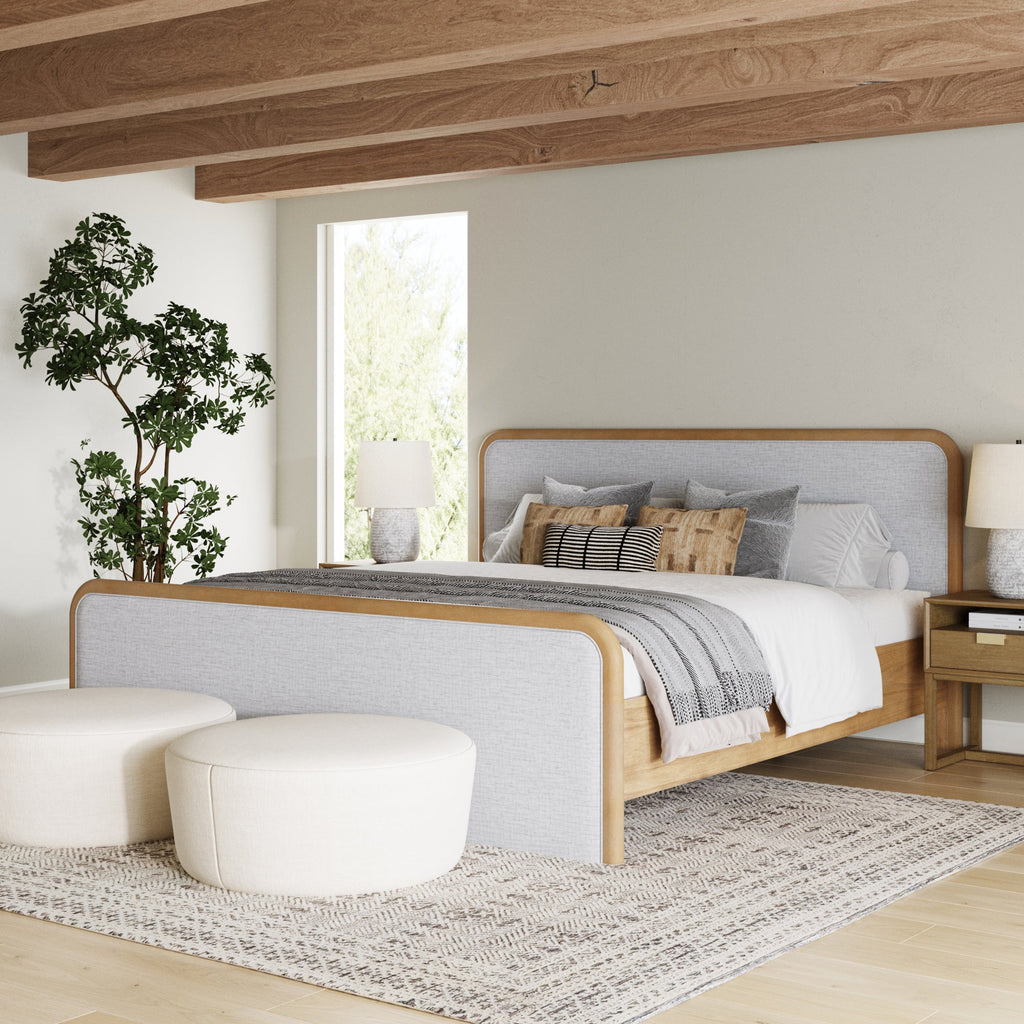 Rounded Solid Wood Bed Frame in Feather Gray Upholstery