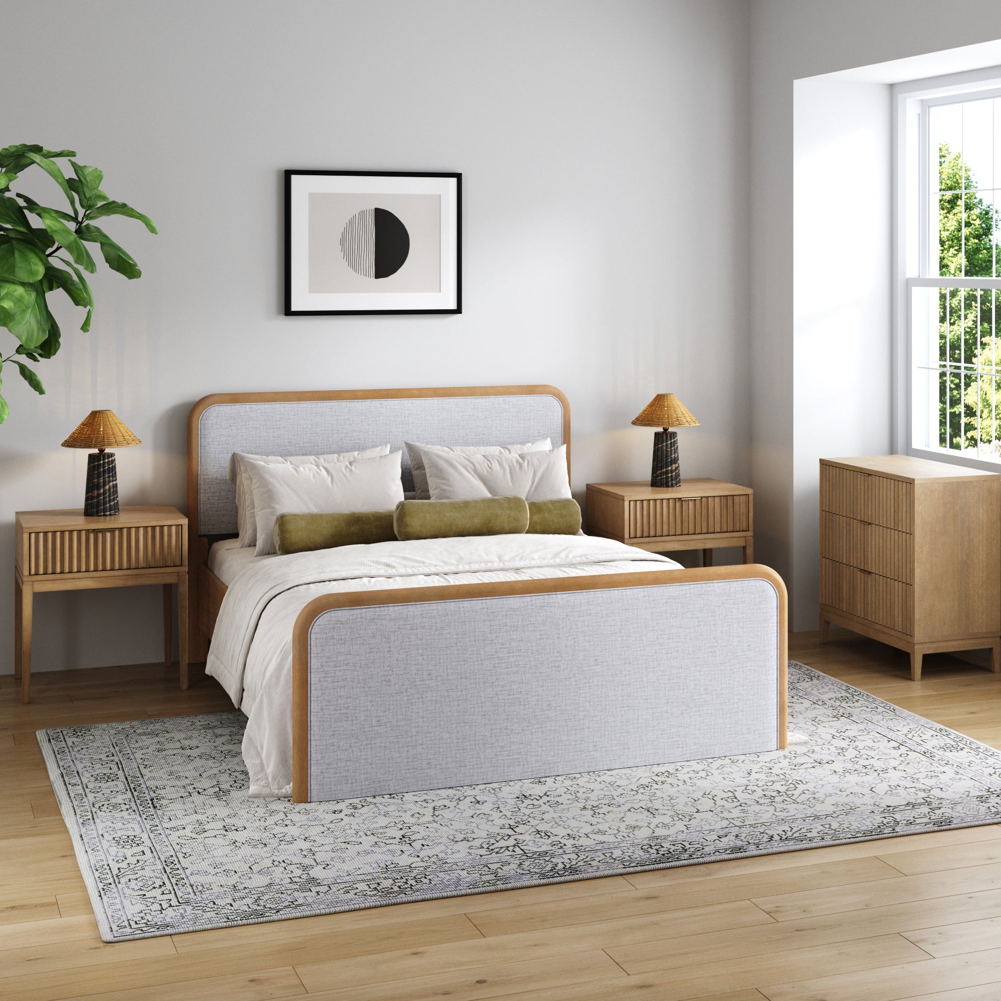Fluted Queen Bed Frame with 1 Solid Wood Dresser and 2 Nightstand Set