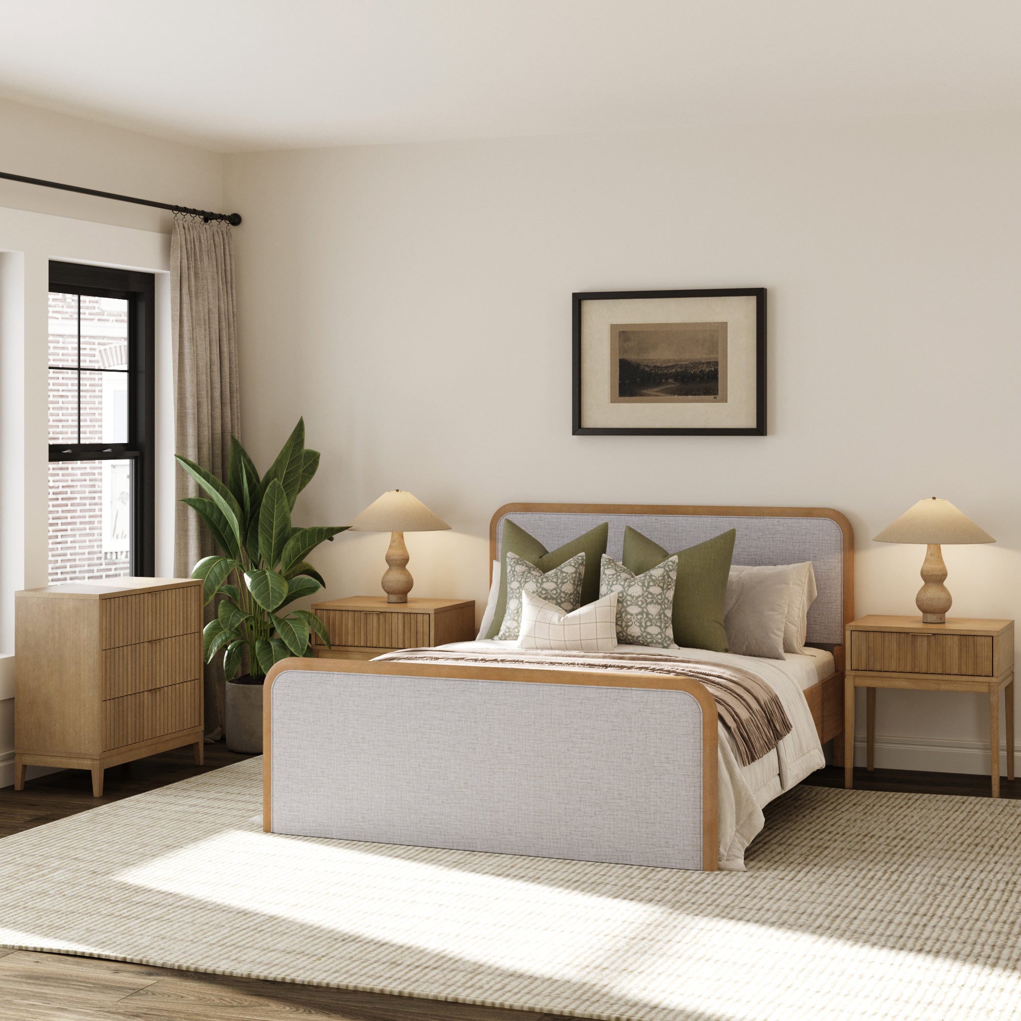 Fluted Queen Bed Frame with 1 Solid Wood Dresser and 2 Nightstand Set