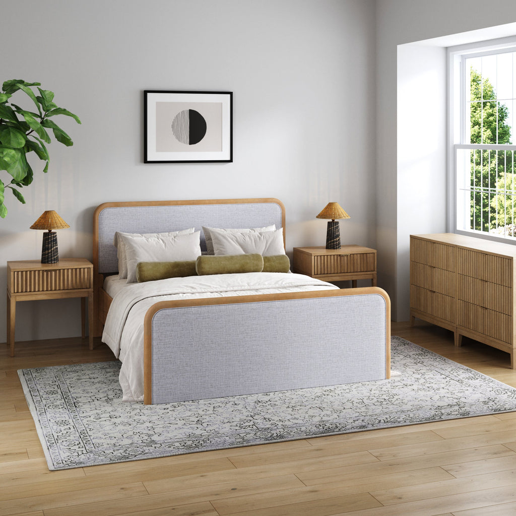 Fluted Queen Bed Frame with 2 Solid Wood Dresser and 2 Nightstand Set