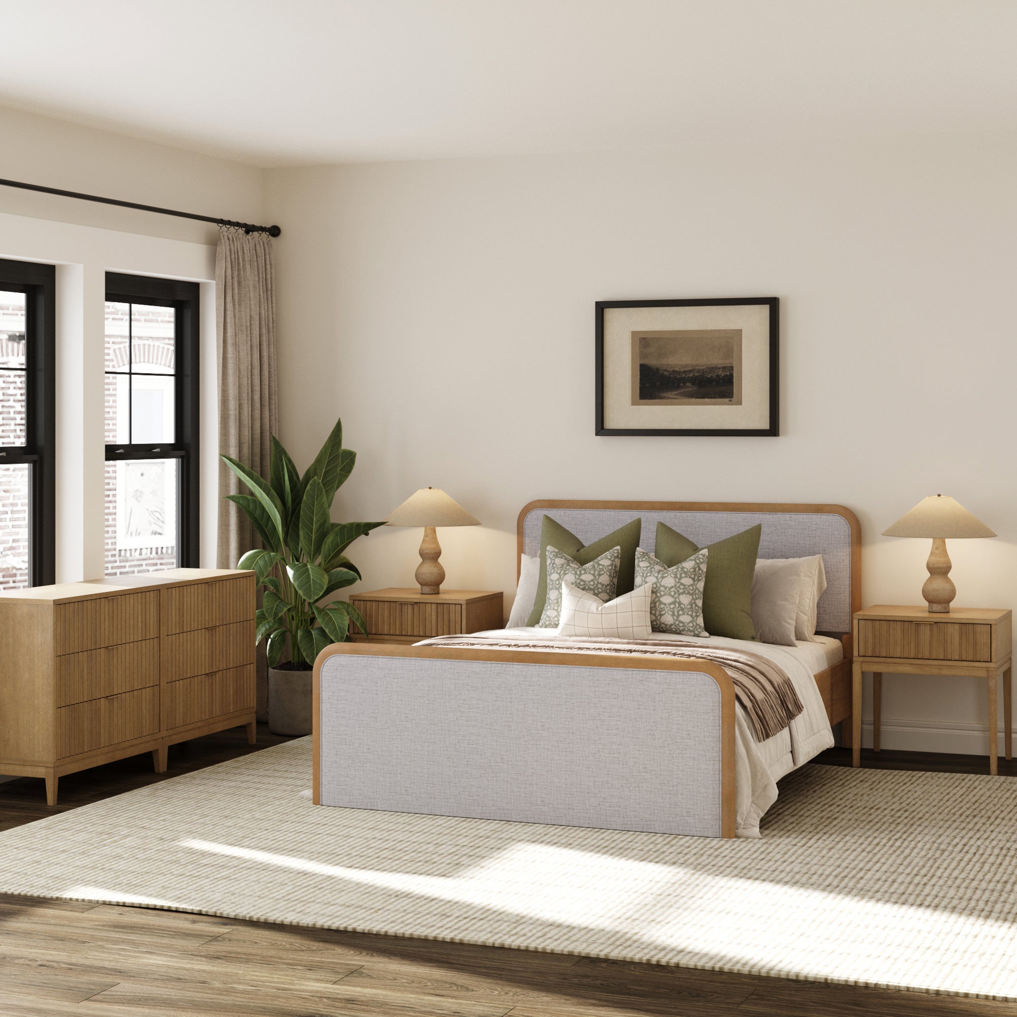 Fluted Queen Bed Frame with 2 Solid Wood Dresser and 2 Nightstand Set