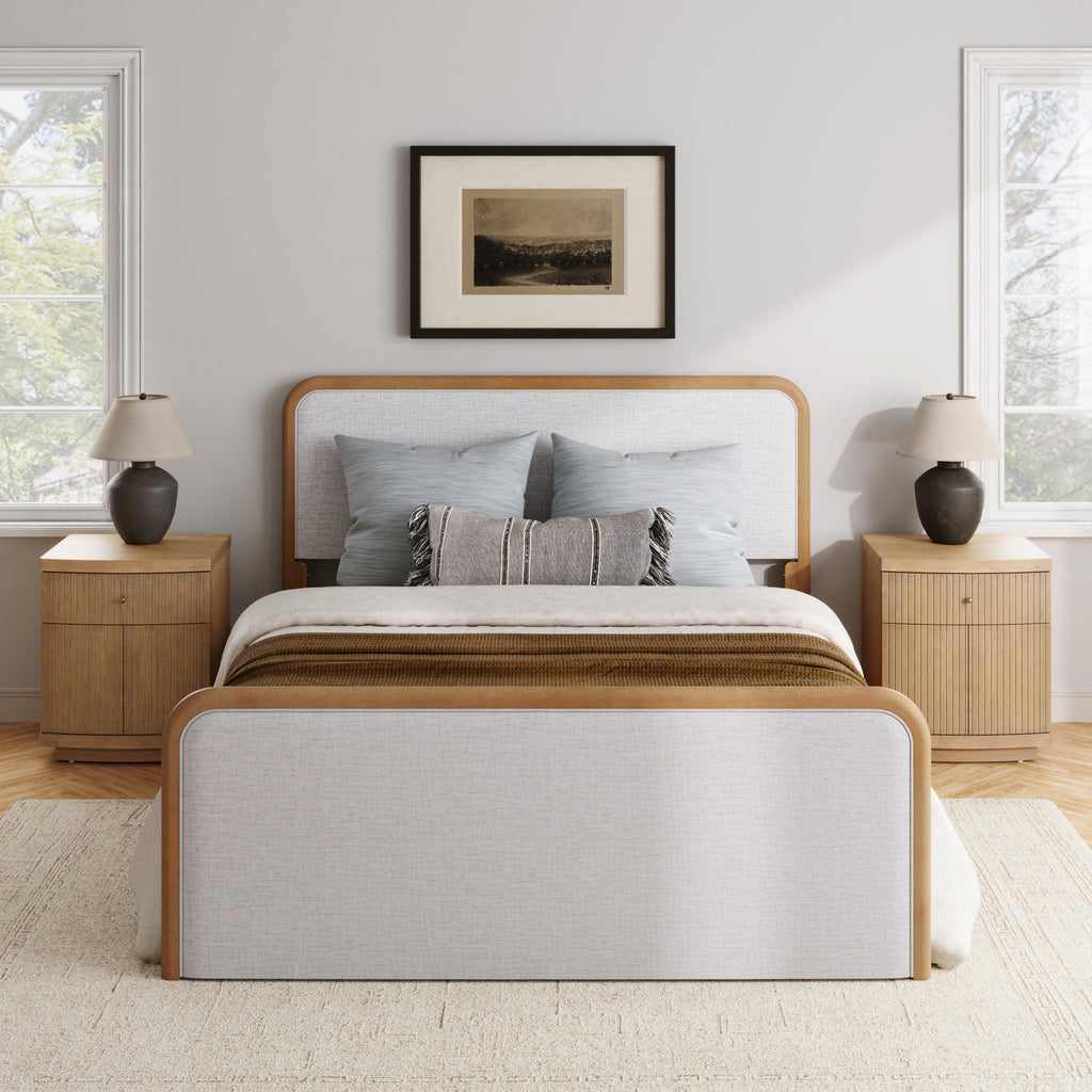 Mid Century Modern Bedroom Set with Queen Bed Frame and 2 Fluted Nightstand