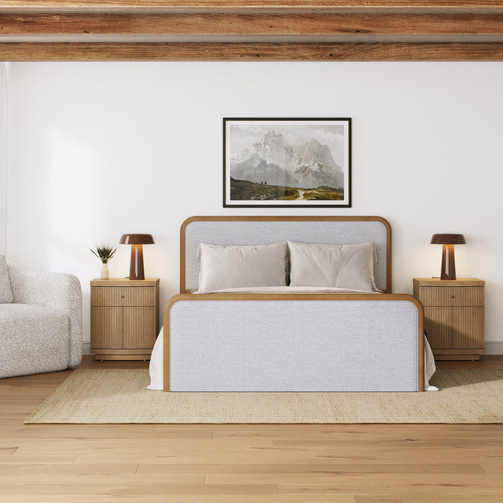 Mid Century Modern Bedroom Set with Queen Bed Frame and 2 Fluted Nightstand