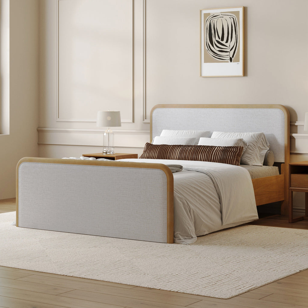 Rounded Solid Wood Bed Frame in Feather Gray Upholstery