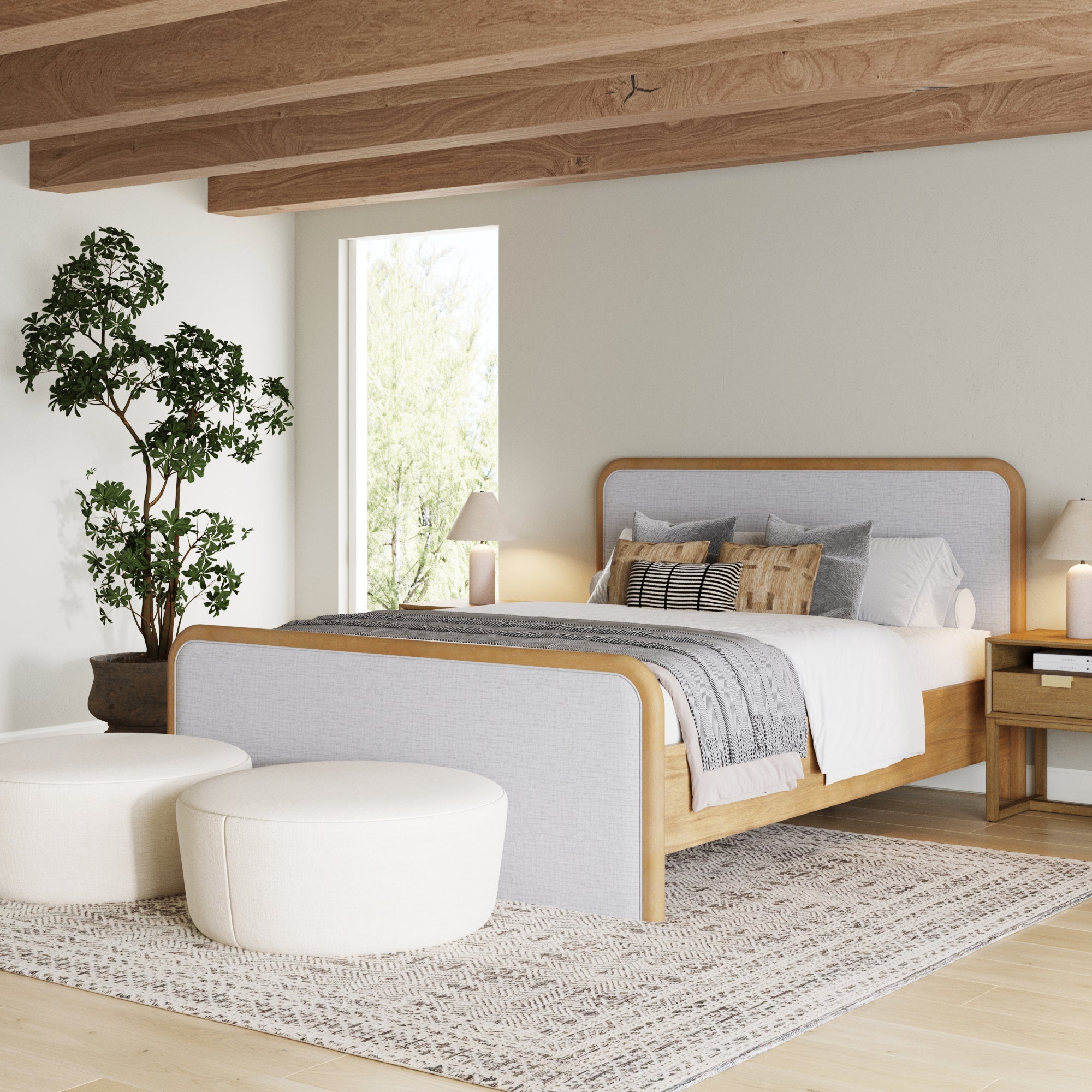 Rounded Solid Wood Bed Frame in Feather Gray Upholstery