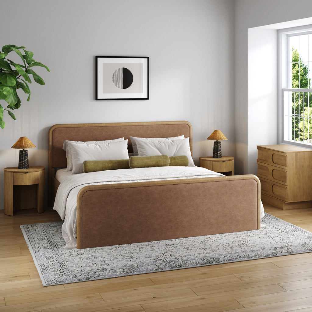 Rounded Faux Leather King Bed Frame with 1 Arched Dresser and 2 Nightstand Set