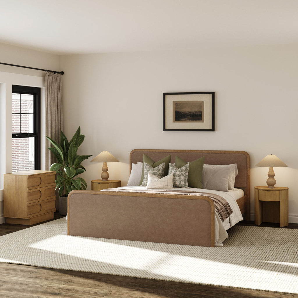 Rounded Faux Leather King Bed Frame with 1 Arched Dresser and 2 Nightstand Set