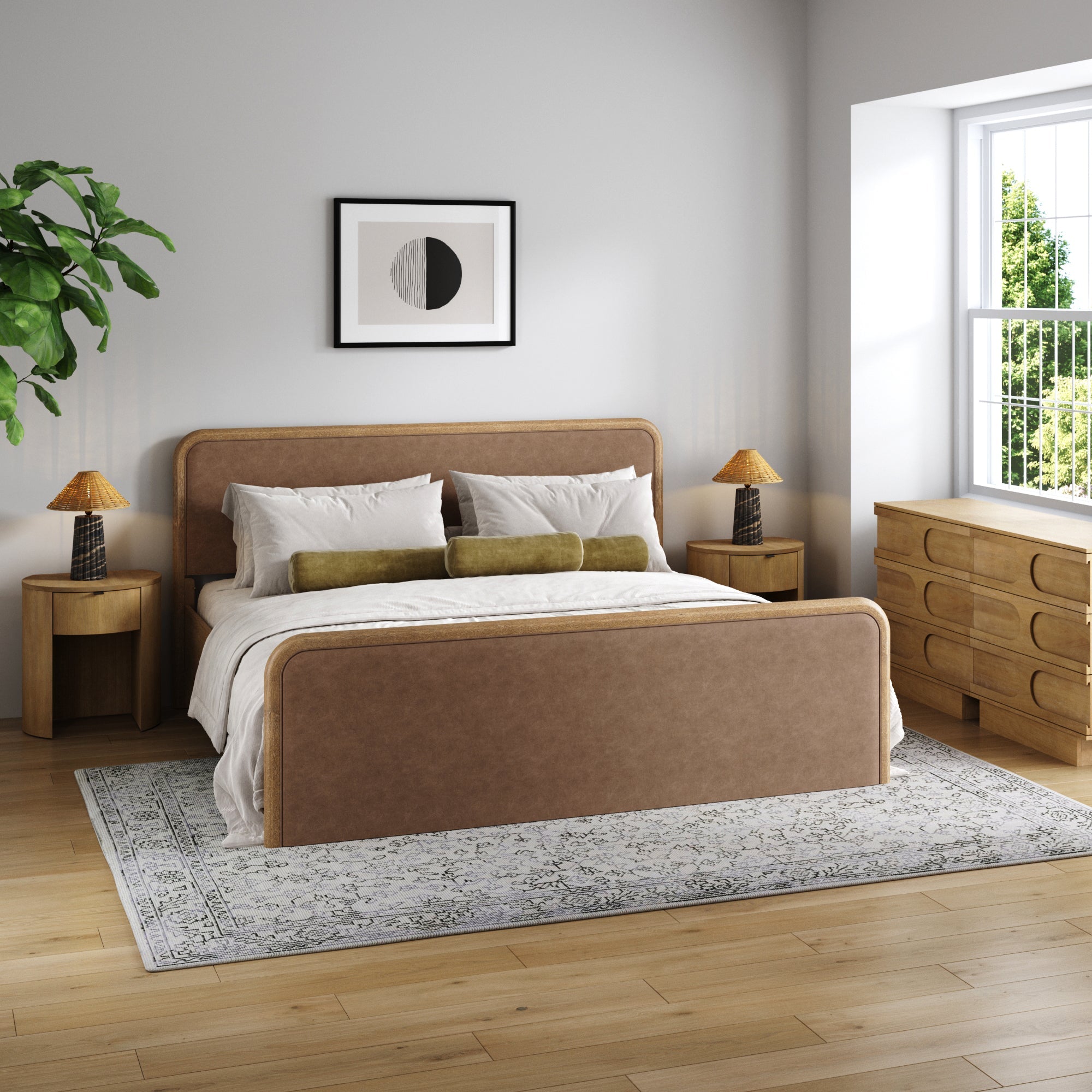 Rounded Faux Leather King Bed Frame with 2 Arched Dresser and 2 Nightstand Set
