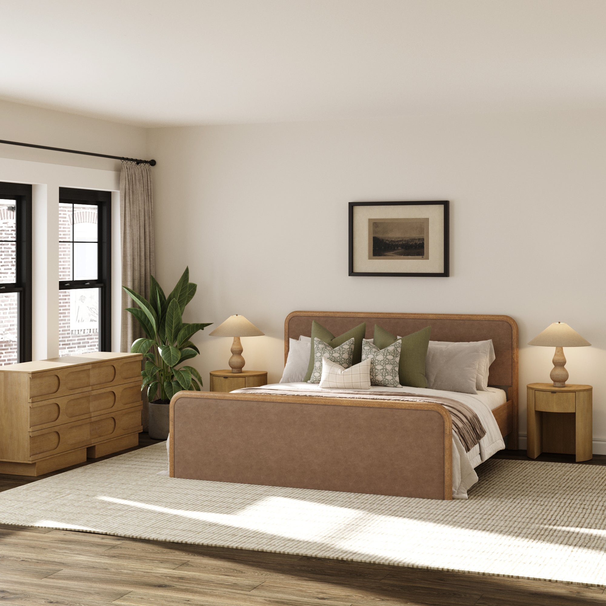 Rounded Faux Leather King Bed Frame with 2 Arched Dresser and 2 Nightstand Set