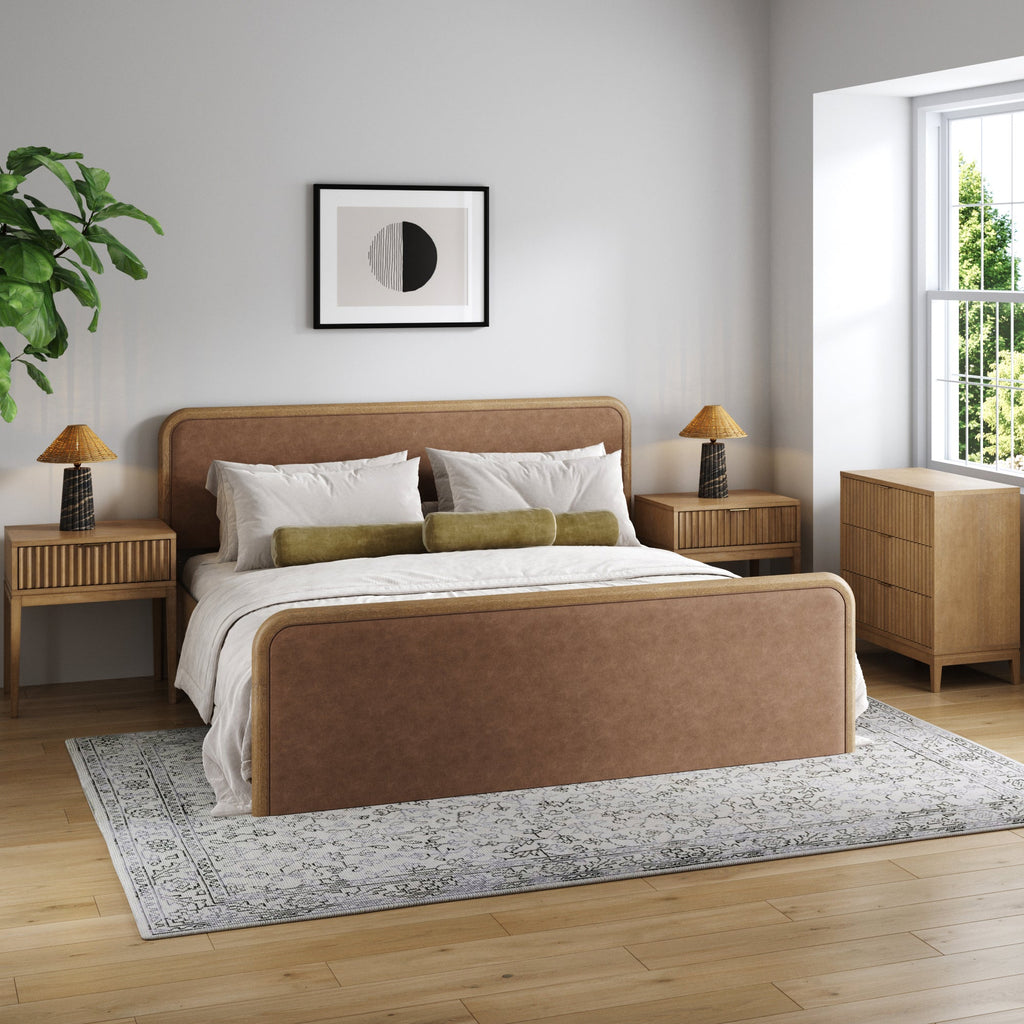 Rounded Faux Leather King Bed Frame with 1 Fluted Dresser and 2 Nightstand Set