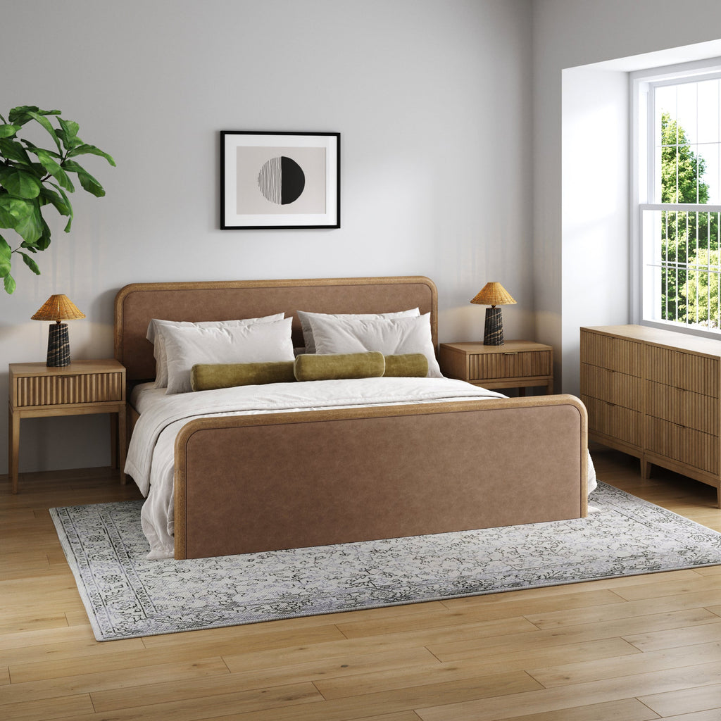 Rounded Faux Leather King Bedroom Set with 2 Fluted Dresser and 2 Nightstand Set