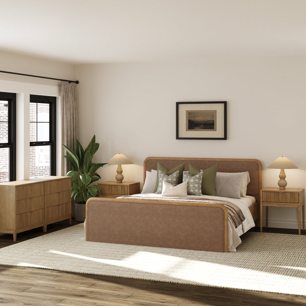 Rounded Faux Leather King Bedroom Set with 2 Fluted Dresser and 2 Nightstand Set