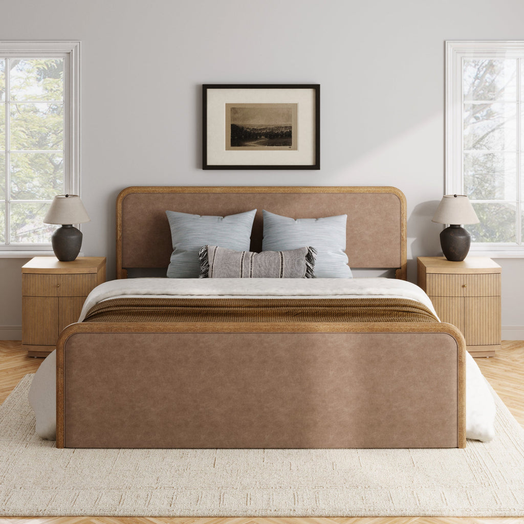Rounded Faux Leather Bed Frame with 2 Fluted Nightstand with Storage