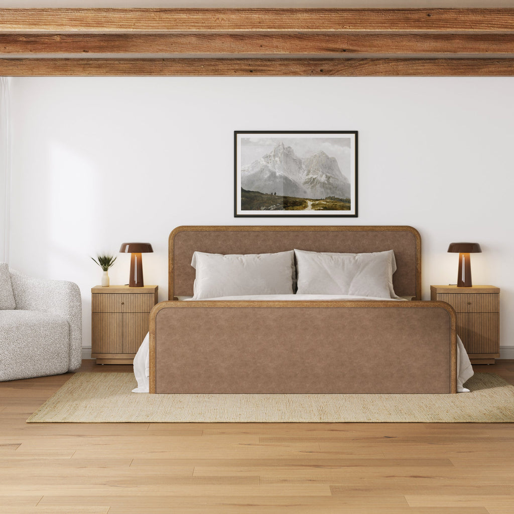 Rounded Faux Leather Bed Frame with 2 Fluted Nightstand with Storage