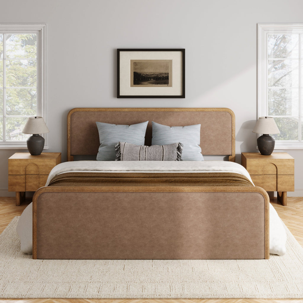 Rounded Faux Leather Bed Frame with 2 Nightstand